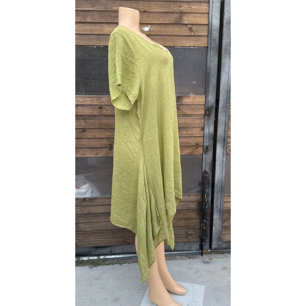Made in Italy Linen Lagenlook Tunic Dress Chartreuse Asymmetrical Ruched Yellow